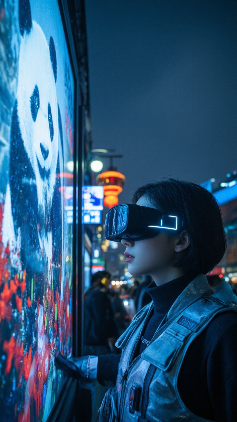 A short-haired woman in neon-lit hanfu horse-face skirt layers a silver tactical vest,  standing before a holographic bill...