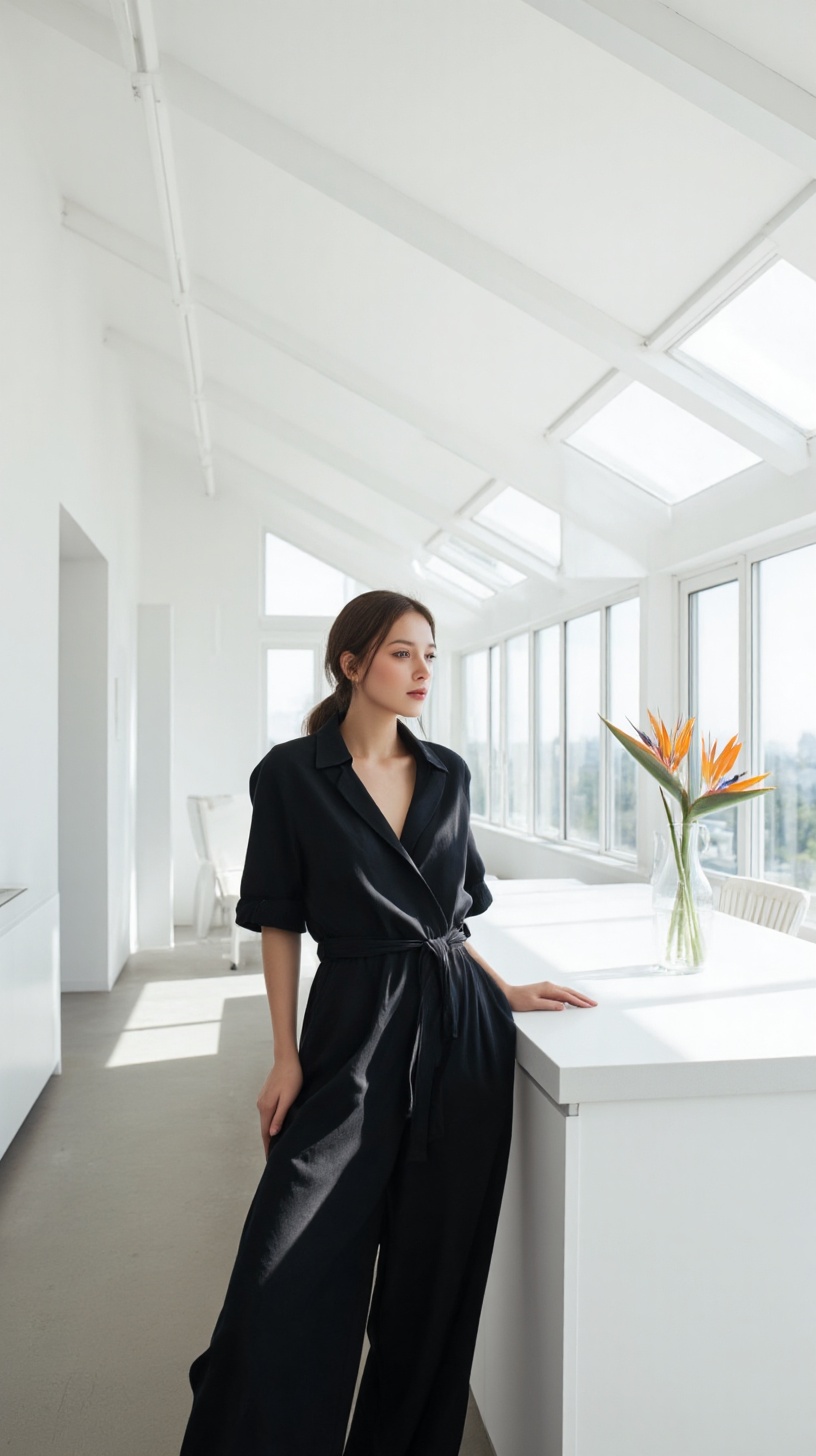 A fashion model wearing a flowing black jumpsuit strikes a pose in a sun-drenched minimalist apartment. The image is captu...