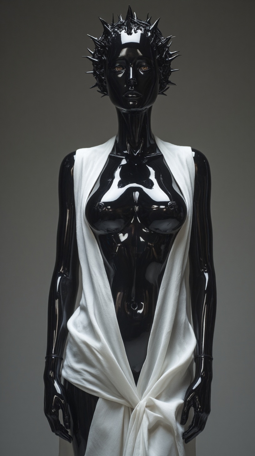a stunning feminine cyborg figure with a body made of polished obsidian with mirror-like reflective surface. She wears a f...