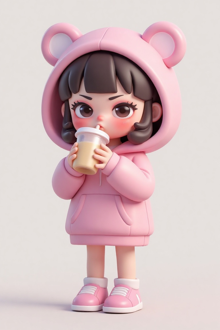 "Kawaii 3D girl wearing oversized hoodie and sipping bubble tea" on Tensor.Art