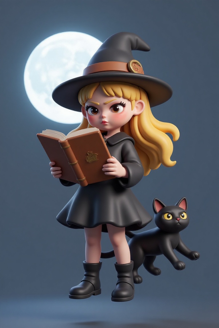 "Witchy 3D girl floating with spellbook and black cat,  full moon behind" on Tensor.Art