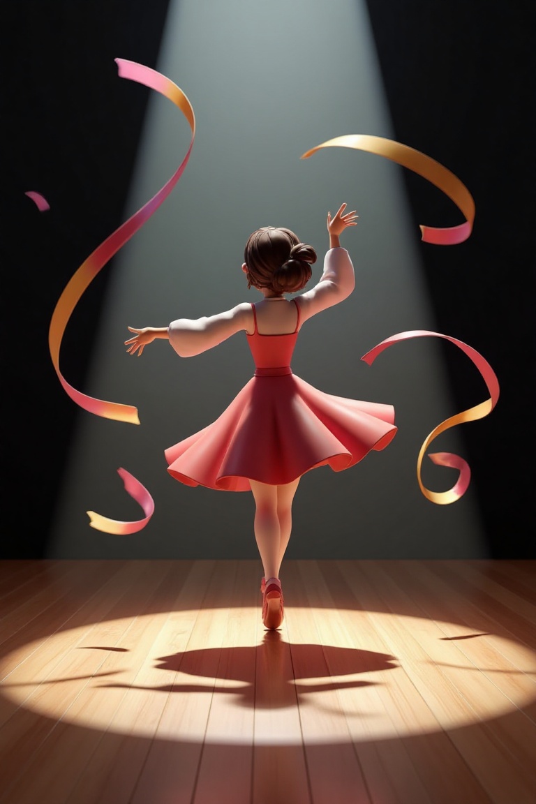 "3D dancer twirling in spotlight,  ribbons flying,  stylized motion" on Tensor.Art