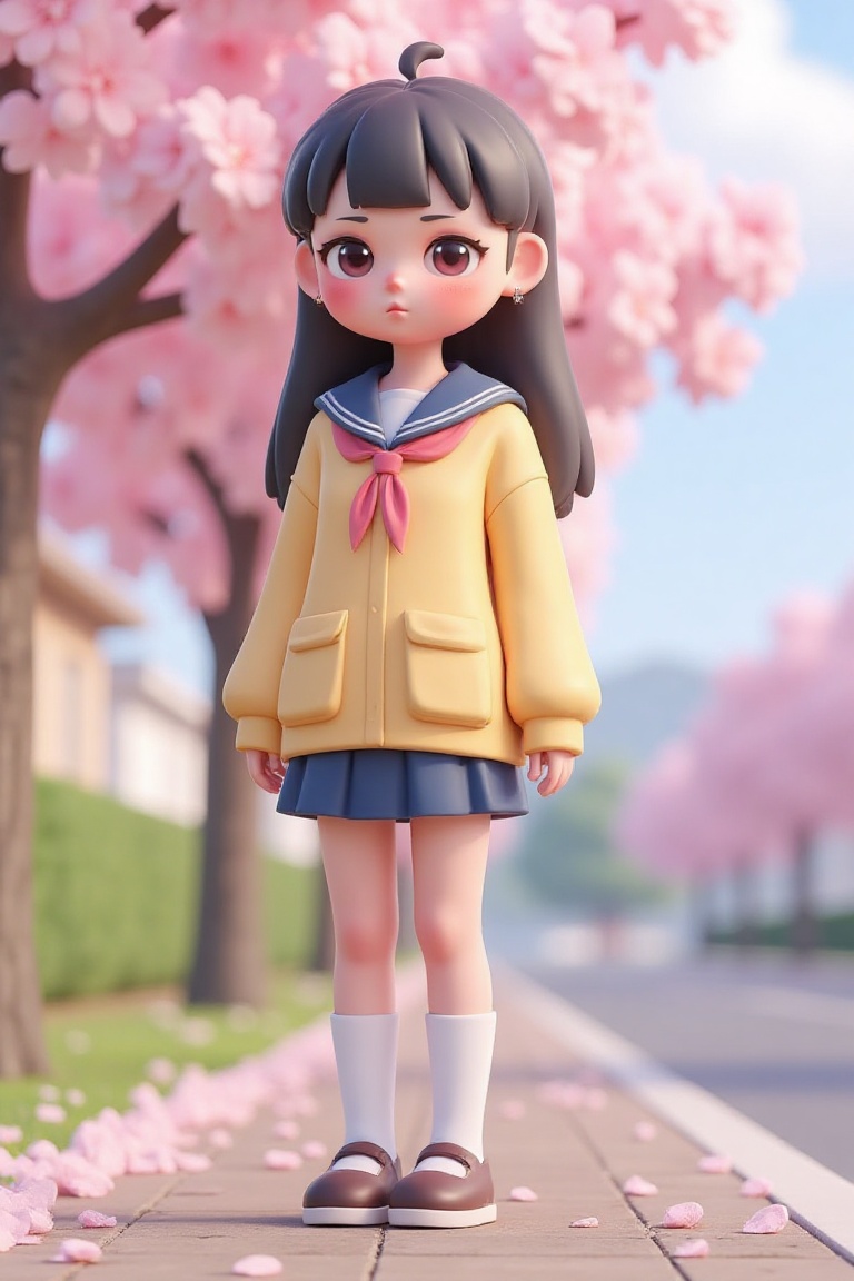 Cute 3D anime-style girl in school uniform,  standing under cherry blossoms" on Tensor.Art