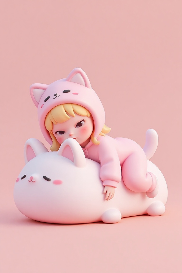 "3D girl in cat onesie lying on giant mochi,  pastel color palette on Tensor.Art