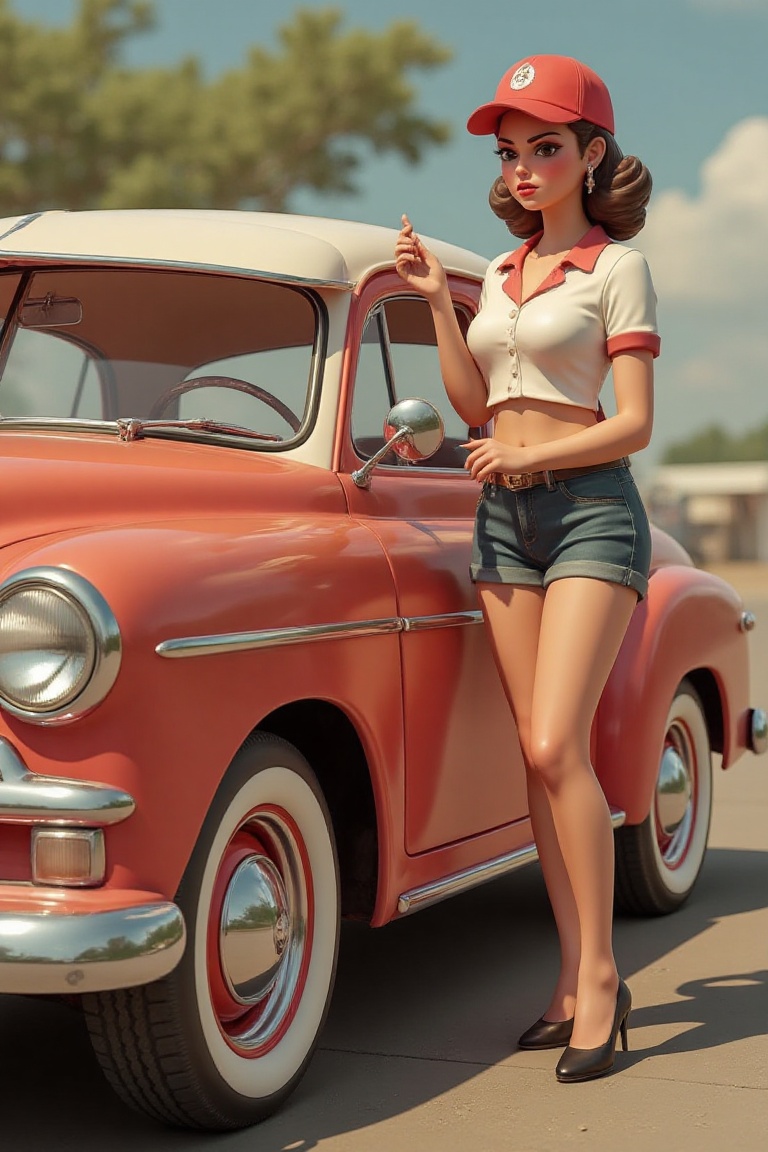 "Vintage 3D pin-up style woman fixing a classic car" on Tensor.Art