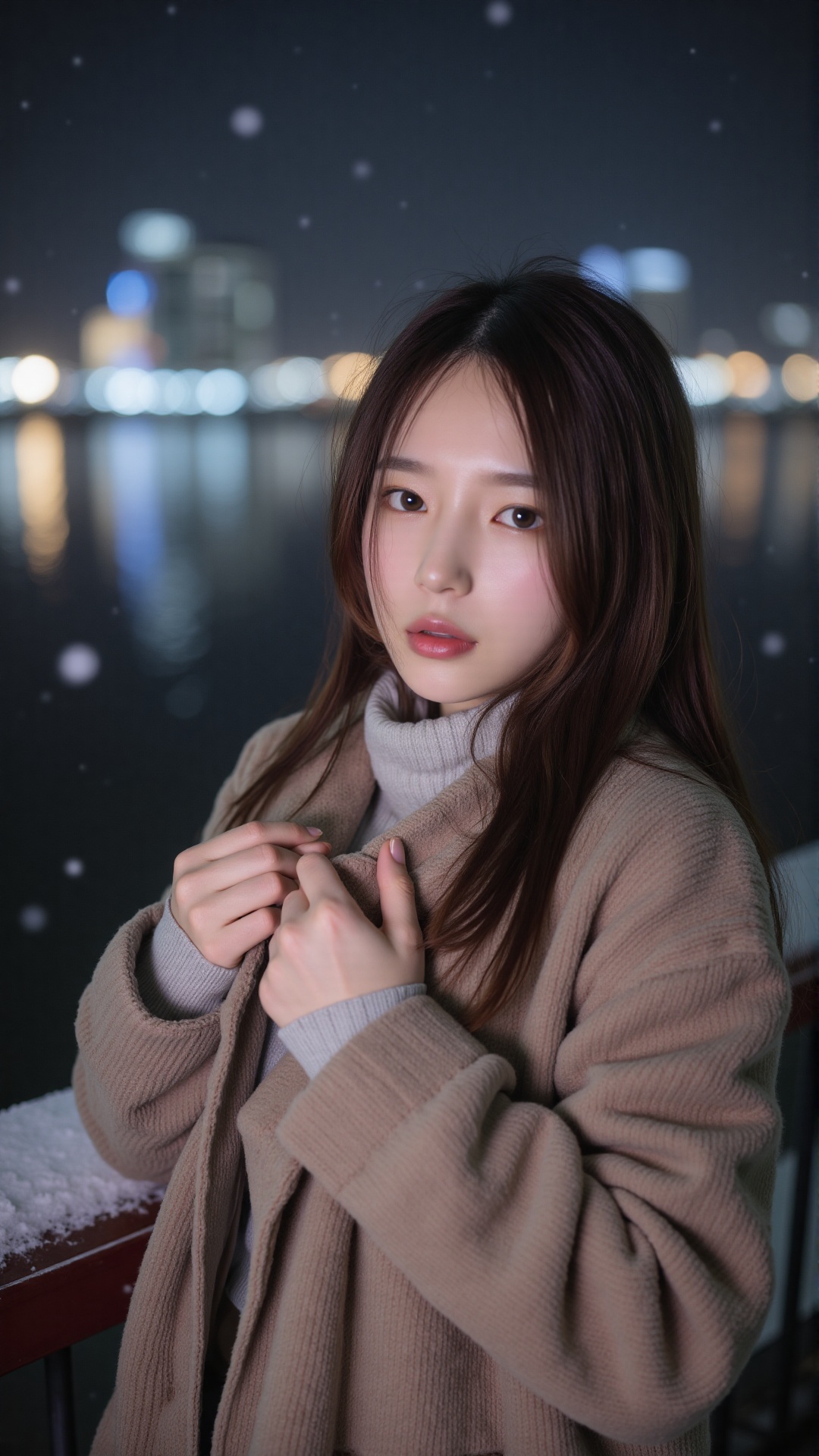 a close-up photorealistic image of a Korean young woman with long dark hair slightly tousled by the wind,  wrapped in a fa...
