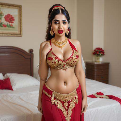 A indian young busty thick figure muslim wife wearing a naqab,  standing near a bed with flowers spread,  wearing a muslim...
