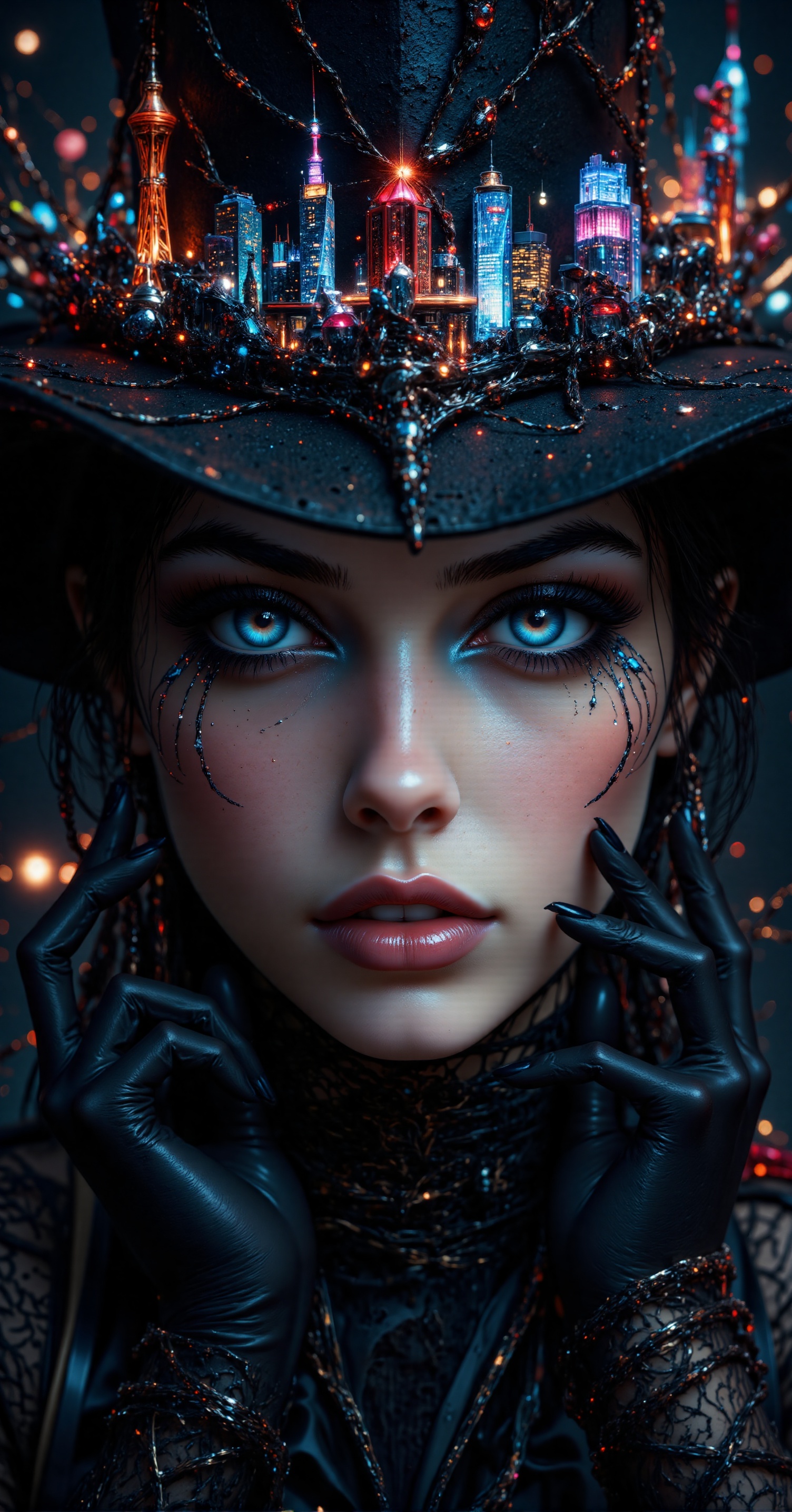 Close-up of a striking gothic woman with elaborate hair and makeup. Her hat's brim holds miniature neon landscapes - skysc...