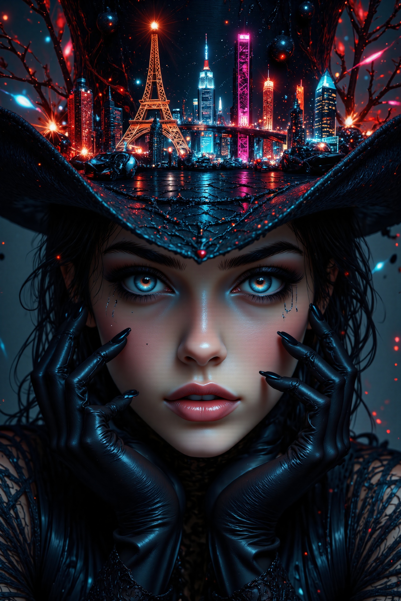Close-up of a striking gothic woman with elaborate hair and makeup. Her hat's brim holds miniature neon landscapes - skysc...