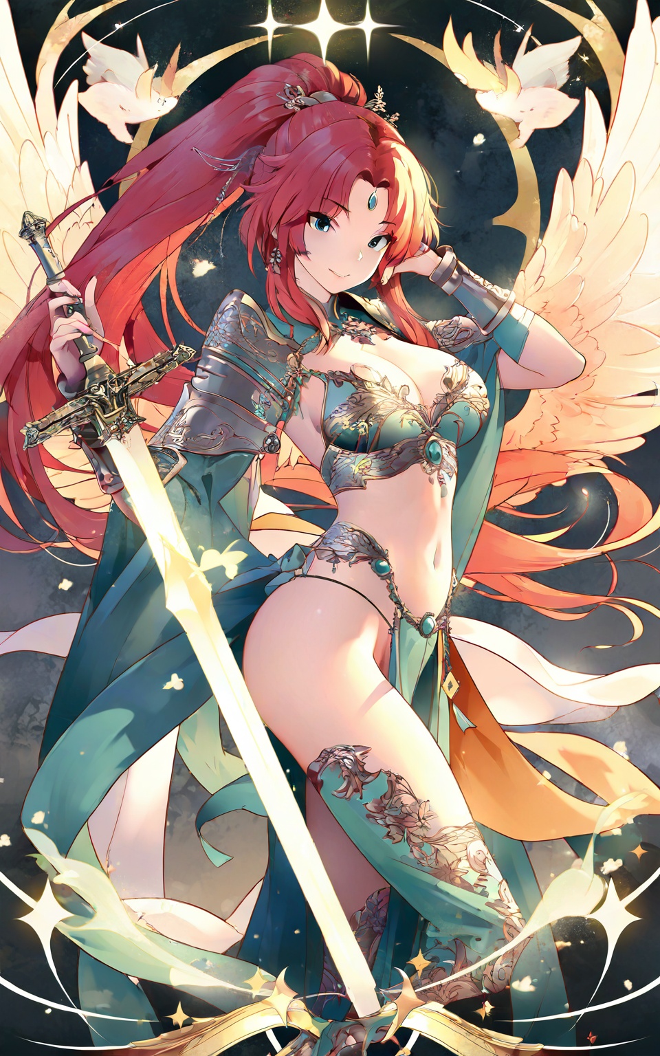 A majestic cyber-angel girl stands proud,  her armor aglow with a radiant light. Her slender physique and striking red hai...