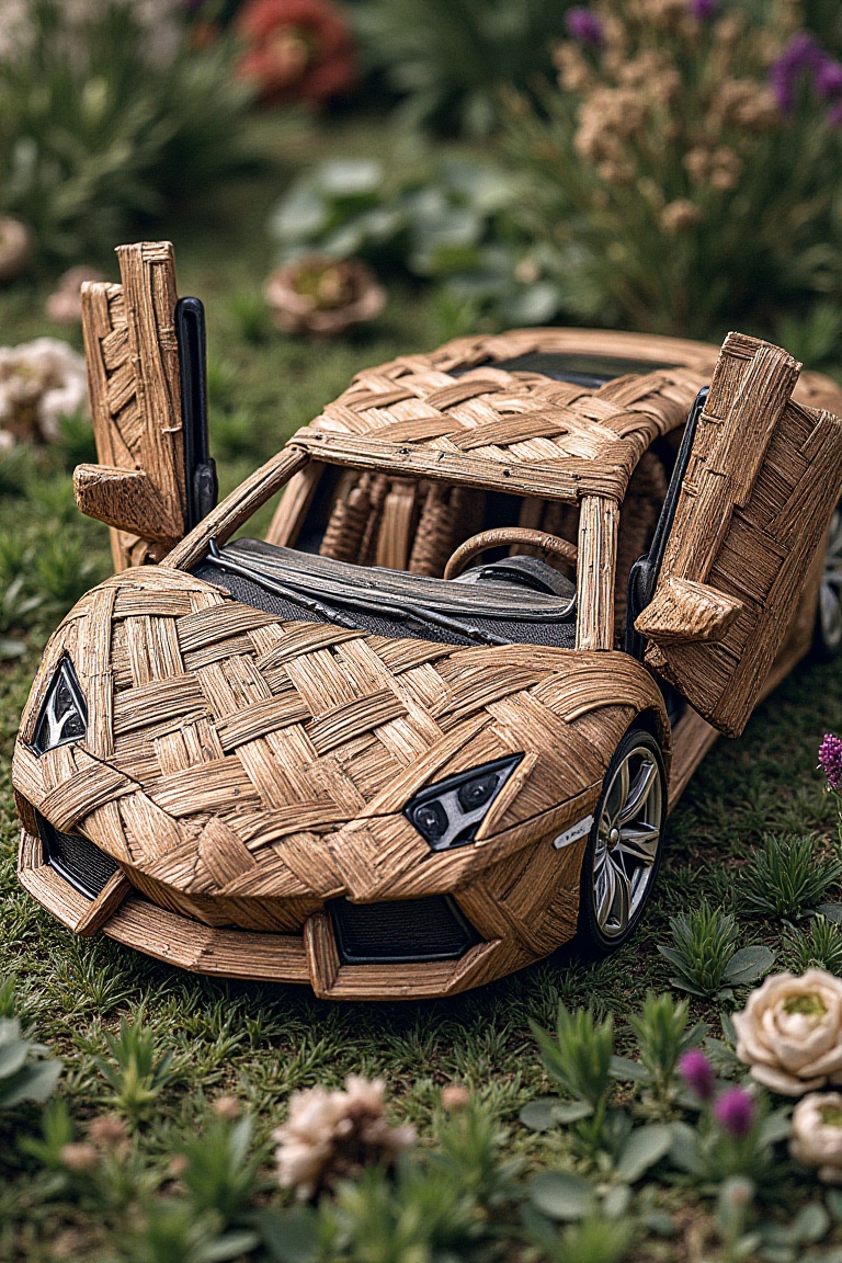 photograph of lamborghini made of B4mboo-woven,  setting on the garden,  professional photography on Tensor.Art