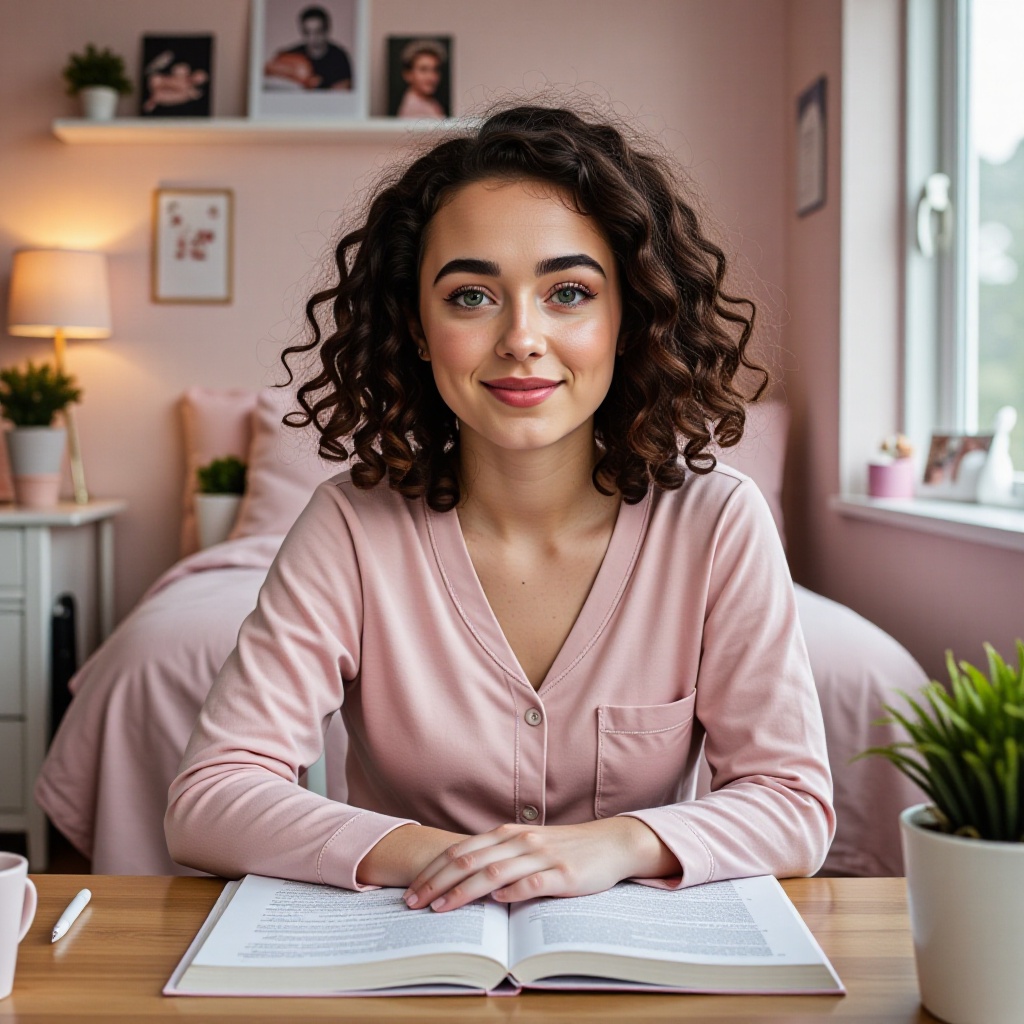 26 years old Ella with curly hair sitting at her desk in her bedroom wearing pink pajama,  studying on Tensor.Art