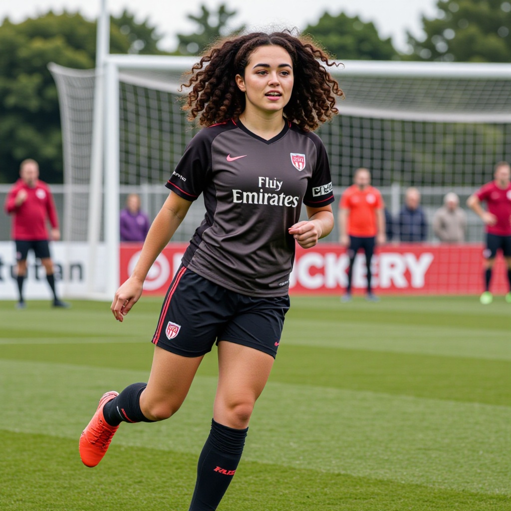 26 years old Ella with curly hair playing soccer on Tensor.Art