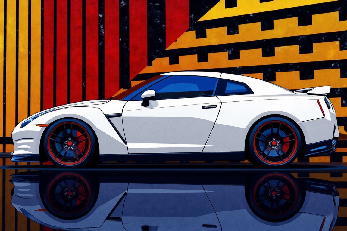 Wallpaper design with image of a white nissan GTR,  Blue and red colours pallets on a glossy black backgrposter-horizontal...