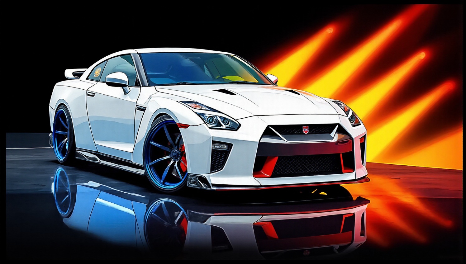 Wallpaper design with image of a white nissan GTR,  Blue and red colours pallets on a glossy black backgrposter-horizontal...