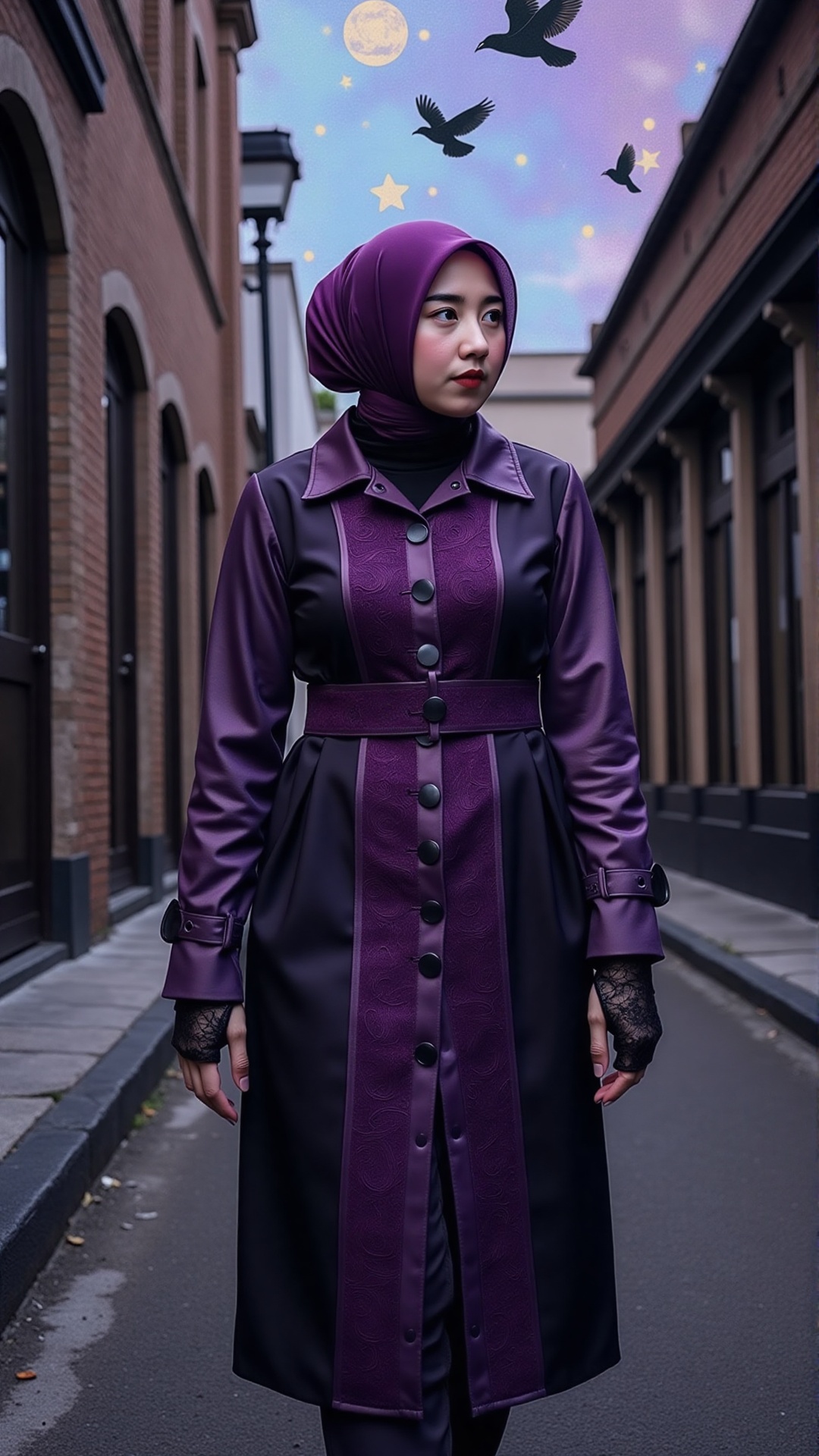 Shrouded in an iridescent amethyst hijab with pleated velvet texture,  the woman stands beneath a fractured stained-glass...