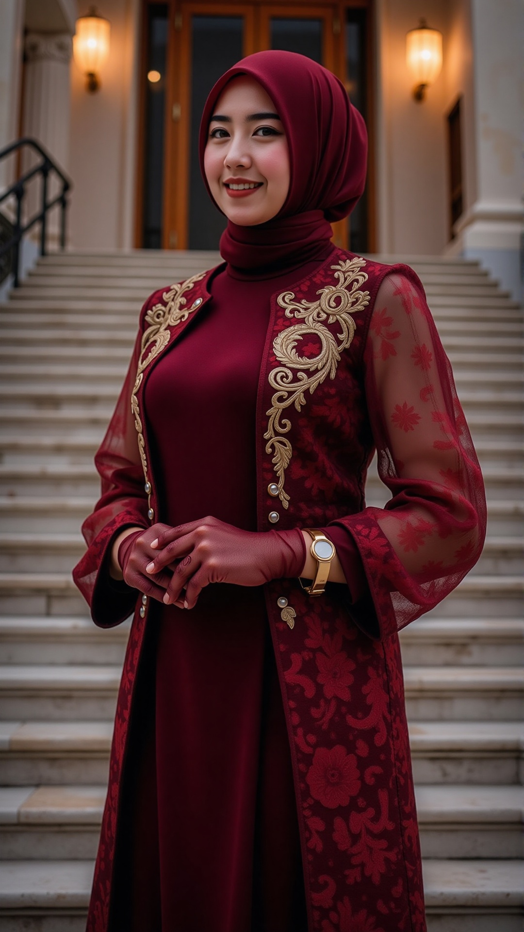 A regal woman cloaked in a deep crimson hijab,  structured into a sculptural silhouette that evokes regal formality. Her a...