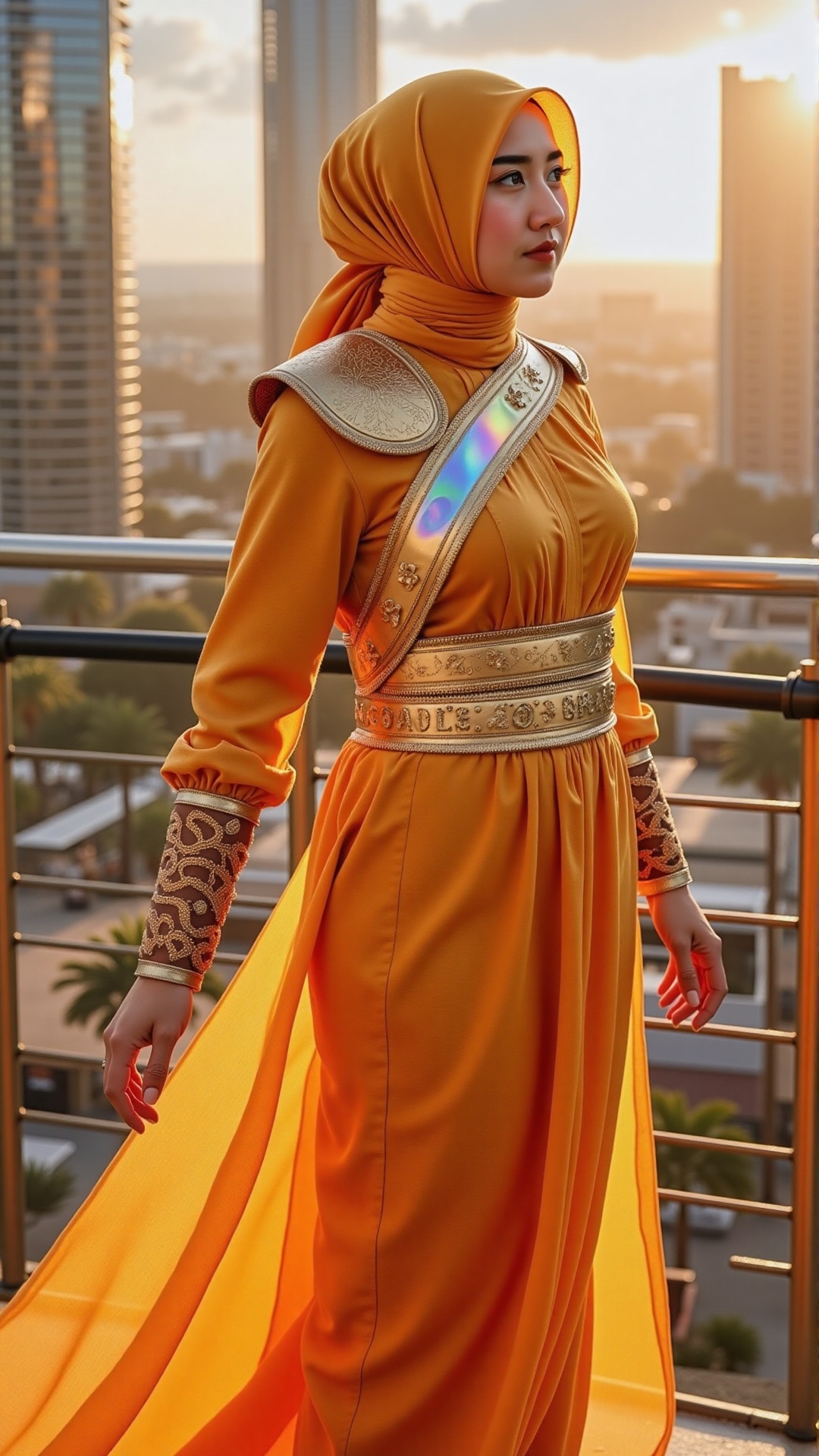 In a radiant golden-orange hijab woven with sun-threaded fibers,  the woman gleams like a celestial being. Her outfit is a...