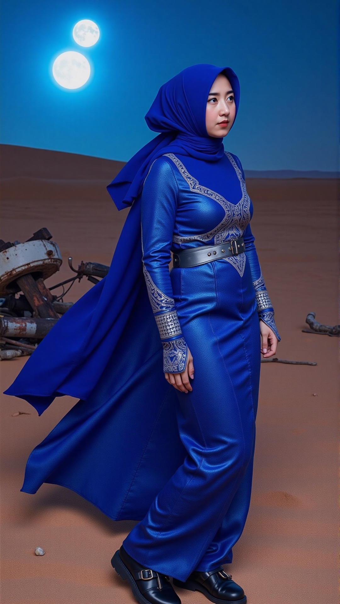 In a cobalt blue hijab that wraps around her head like flowing water,  a woman emerges from the neon haze of a post-apocal...
