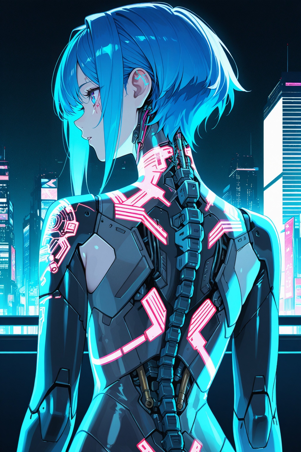 cyborg female,  neon-blue hair,  exposed wiring on neck on Tensor.Art