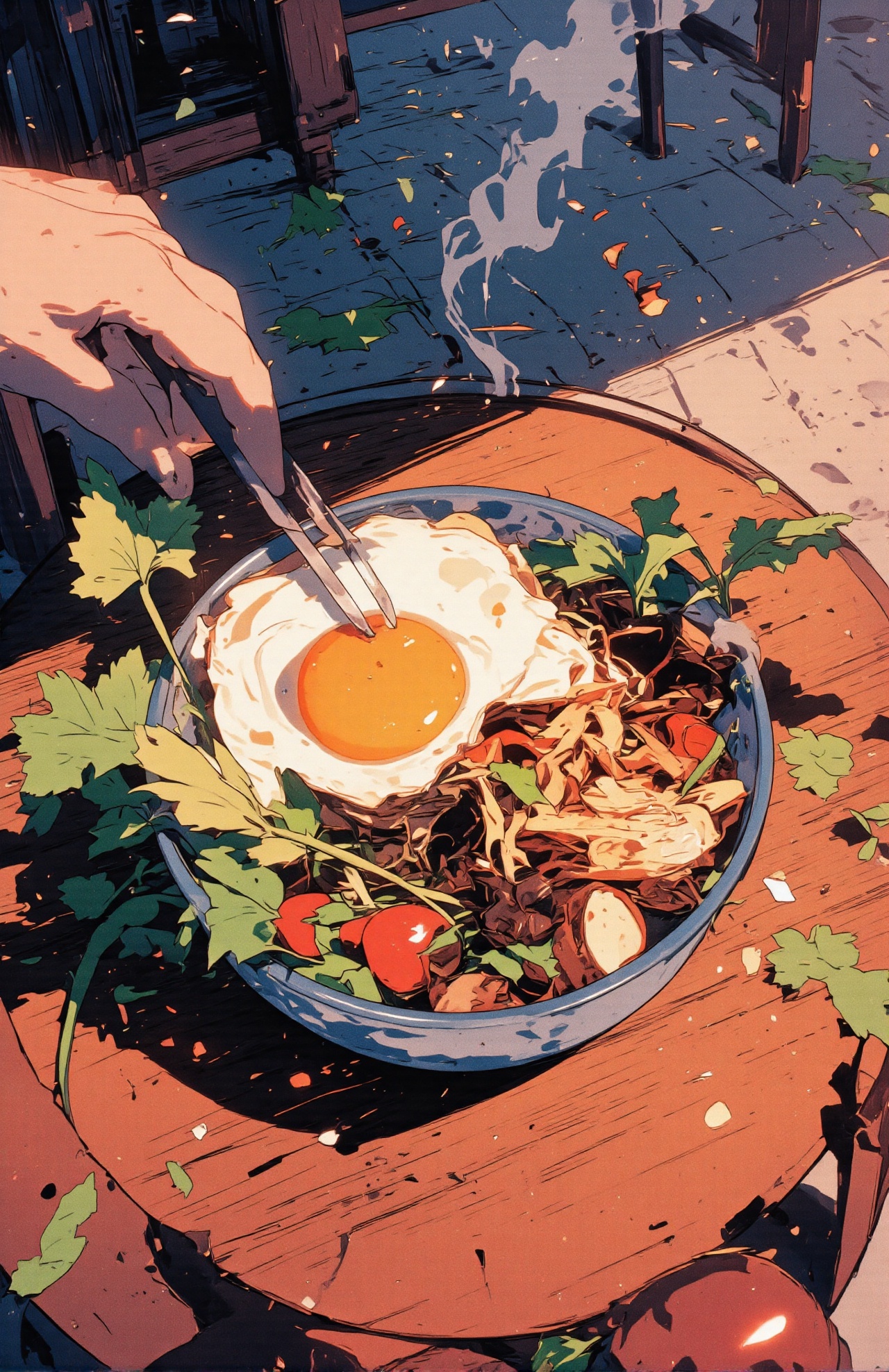 A BOWL OF NOODLE WITH A FRIED EGG,  SMOKEY ANIME,  rotoscope on Tensor.Art