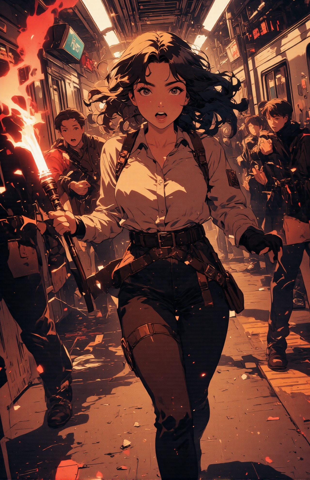 close up a cute woman windy hair running ,  chased by dozen people are running in the subway,  screaming on Tensor.Art