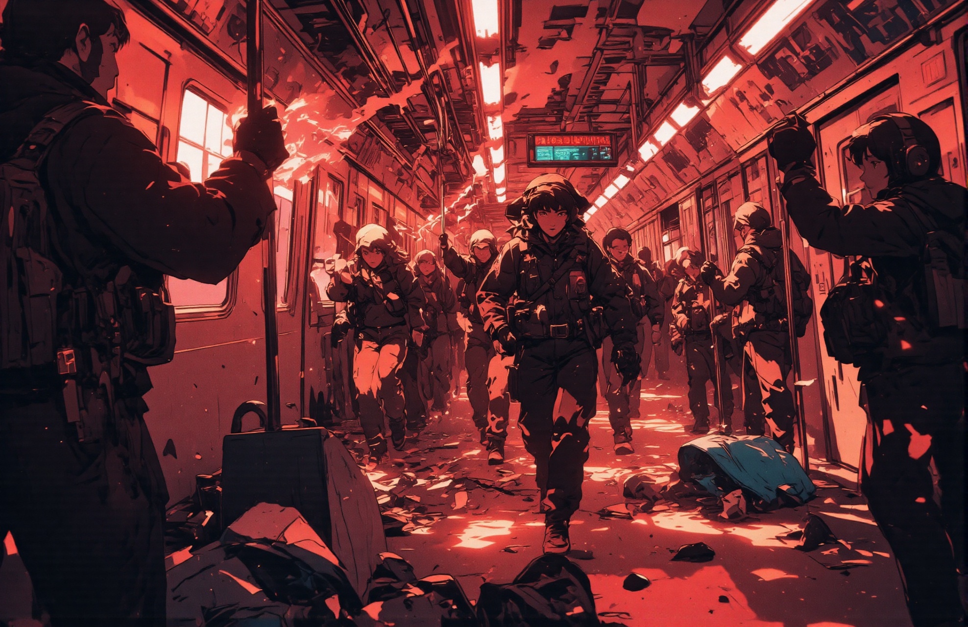 dozen people running in the subway,  holding a reddish torches,  smokes on Tensor.Art