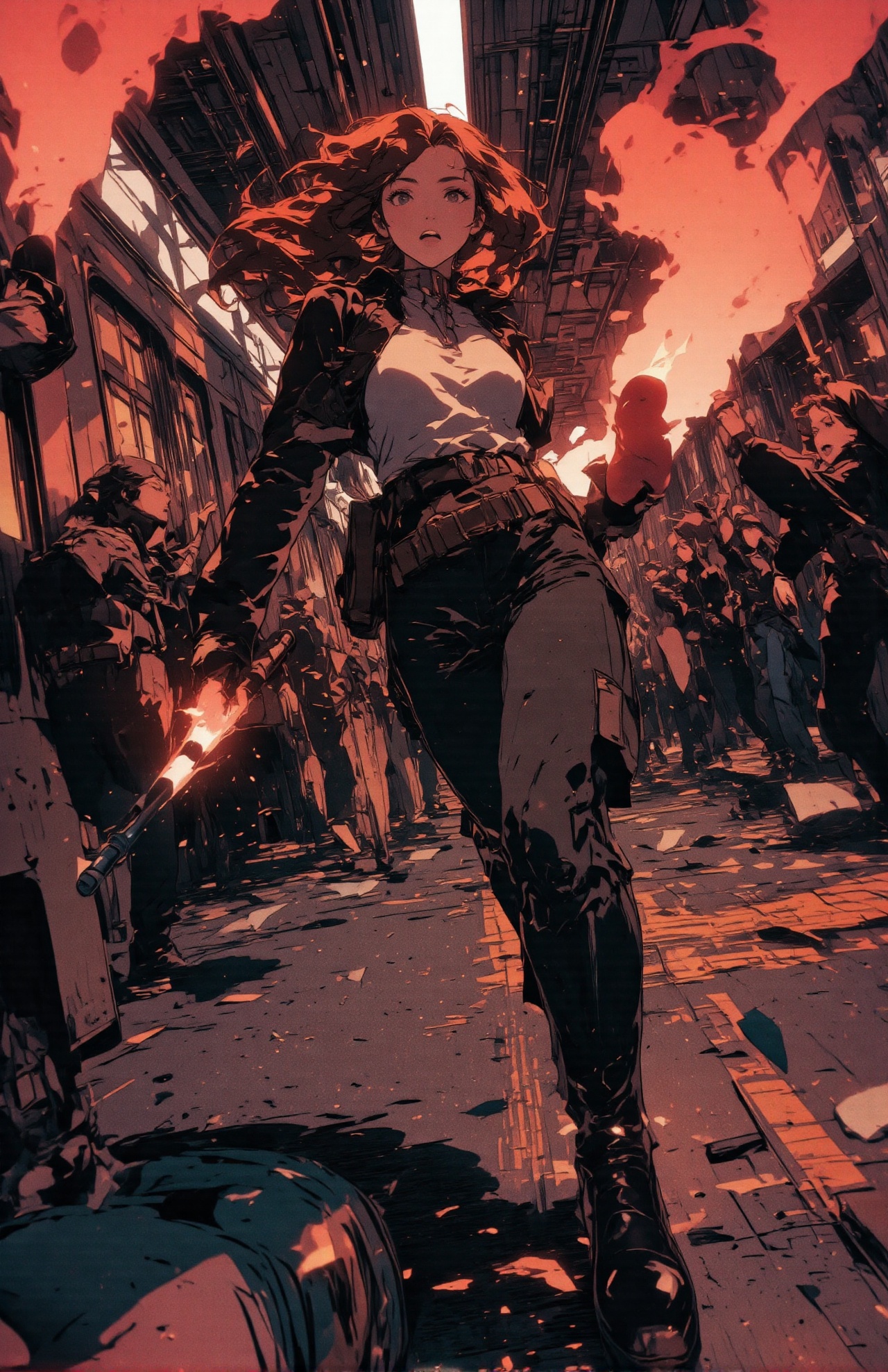 low angle,  close up a cute woman windy hair running ,  she is holding a weapon on Tensor.Art