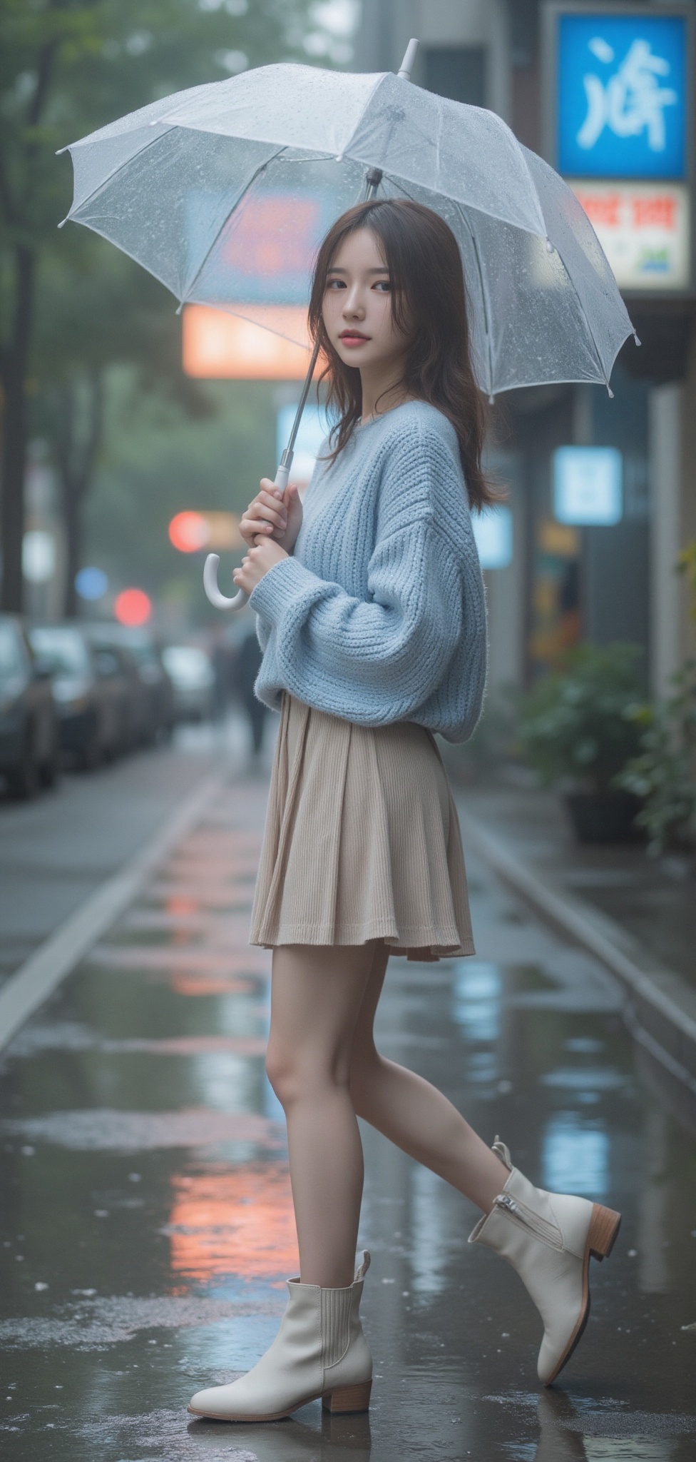 A charming young Korean woman in casual chic,  walking toward the camera on a rainy day,  holding a transparent umbrella....