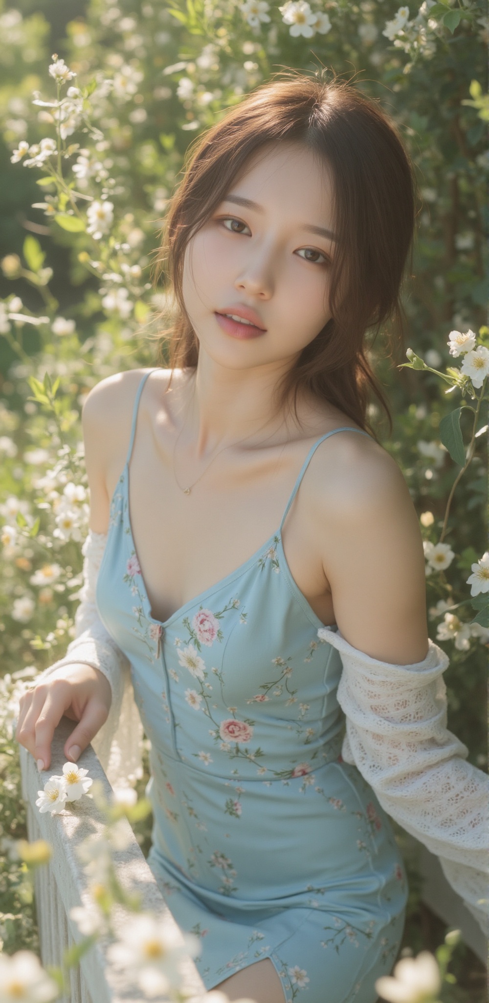 A sweet Korean young woman smiling shyly at the camera,  her eyes sparkling as if she just saw her crush. She wears a slee...