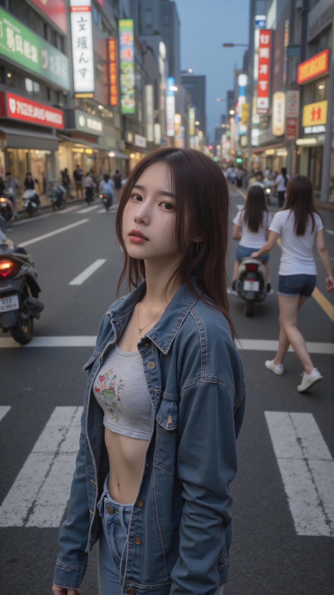 Cinematic street scene of a Korean girl standing at a bustling crosswalk surrounded by taxis,  motorbikes,  and fast-movin...