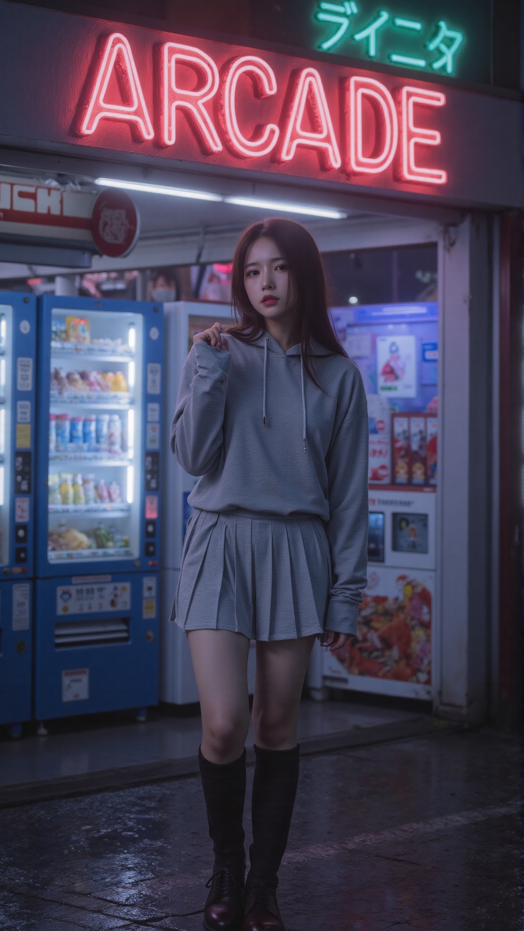 Cinematic neon-lit portrait of a young Korean woman standing under a glowing arcade sign in Akihabara at night,  wearing a...