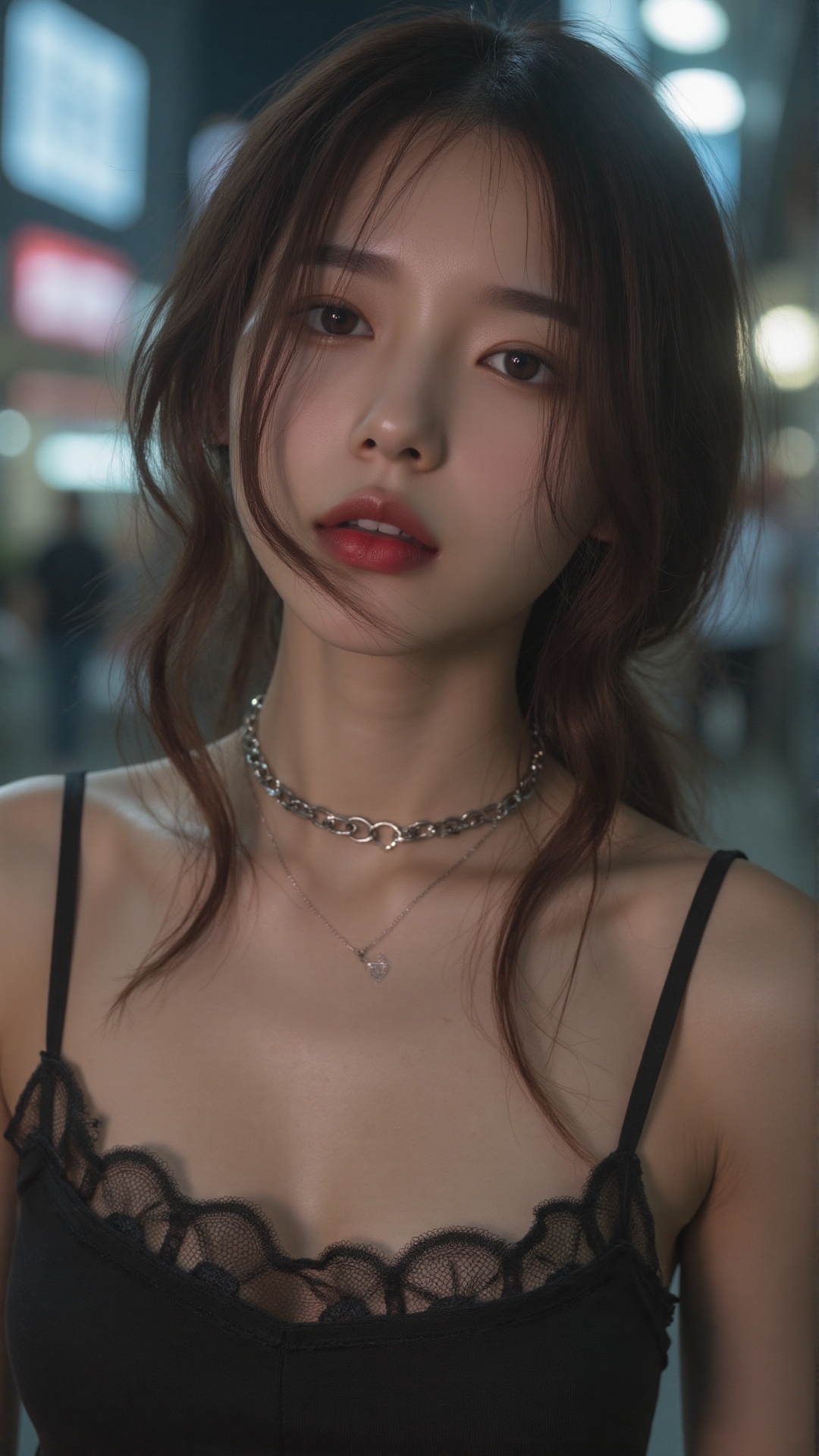 G_adorable,  CamCan Effect,  A close-up portrait of a Korean young woman with wavy dark brown hair cascading around her fa...