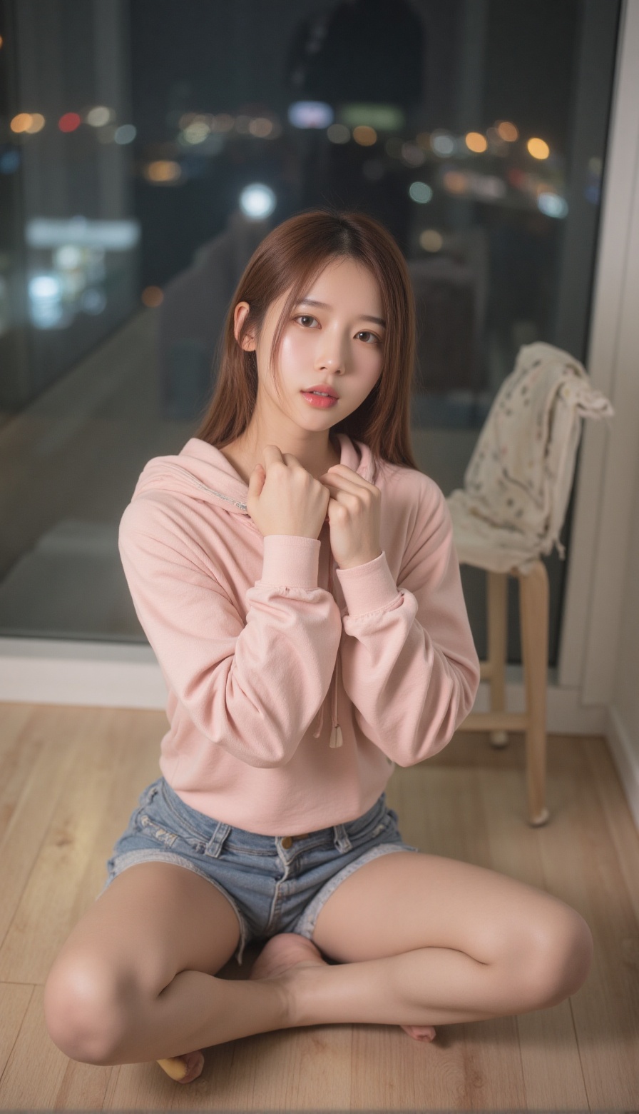 cinematic portrait of a young Korean woman in casual indoor attire,  wearing a pastel pink hoodie and denim shorts,  sitti...