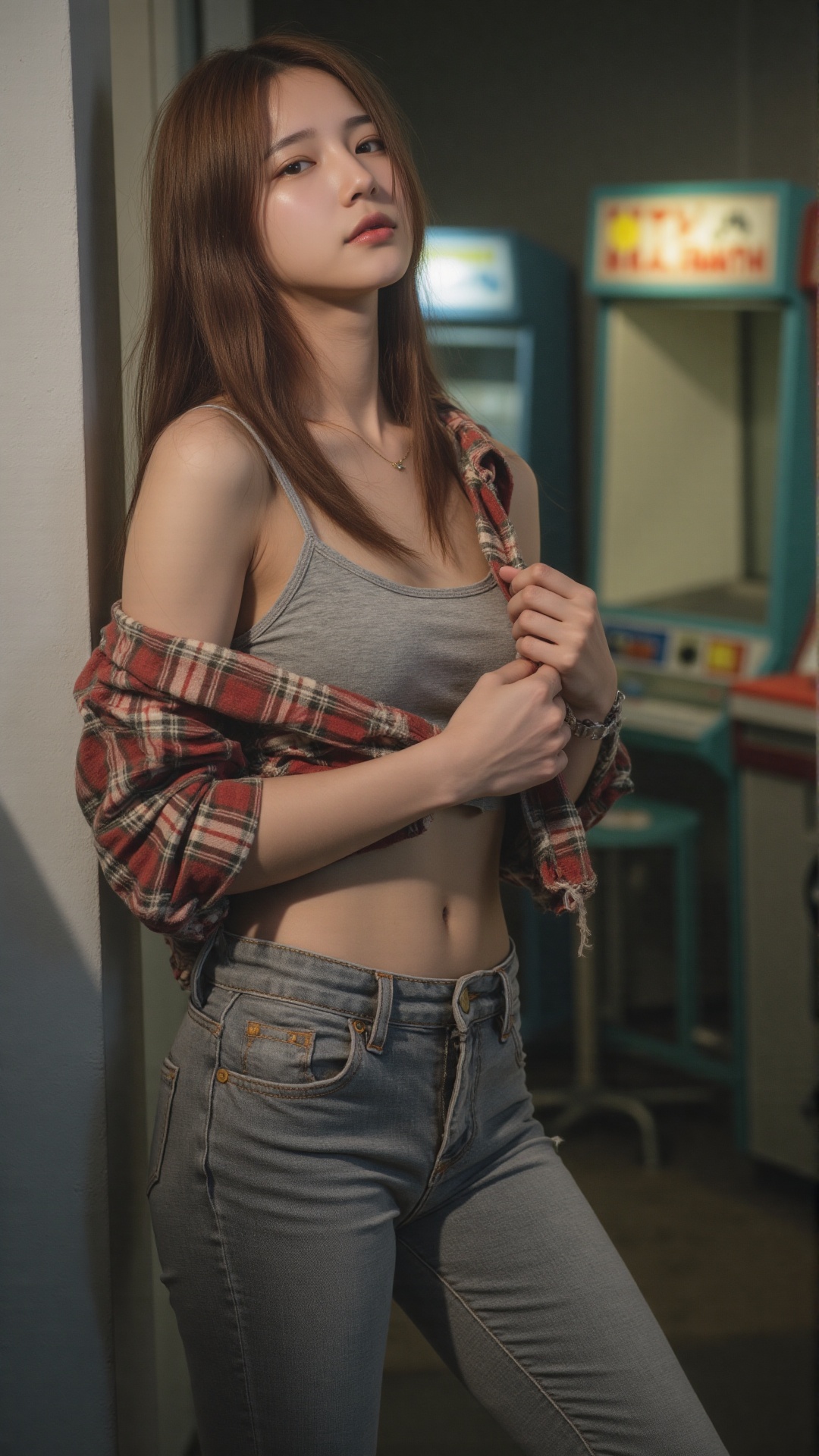 Korean woman leaning casually against a photo booth wall in a retro-style arcade,  wearing a crop top layered with an unbu...