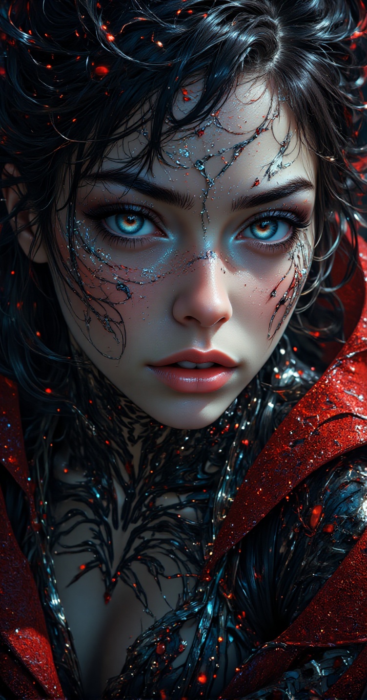 Close-up of a vampire woman's eyes,  delicate face with intricate body art patterns. Hyperrealistic dark fantasy style,  s...