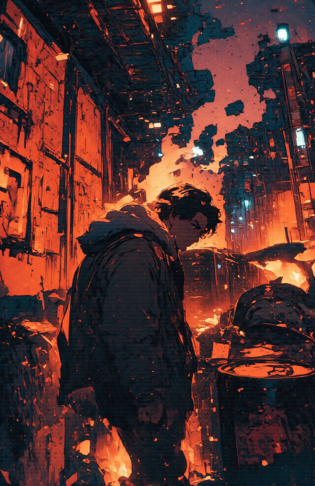 candid image,  close up a man smoking wearing fur jacket,  near the burning big drum on Tensor.Art