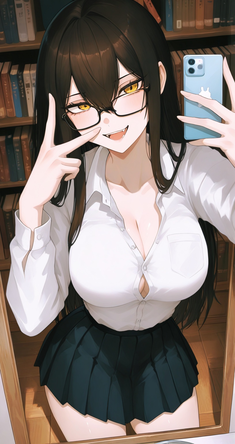 A corner of the desk and a familiar bookshelf come into view. Xinyu is standing in front of the mirror,  probably taking a...