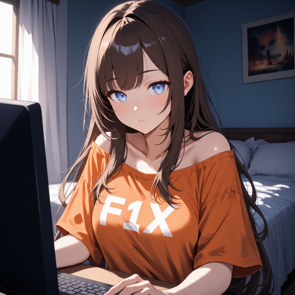 An anime girl with long brown hair and blue eyes. She wears orange off shoulder t-shirt with text: "F1X". She sits in fron...