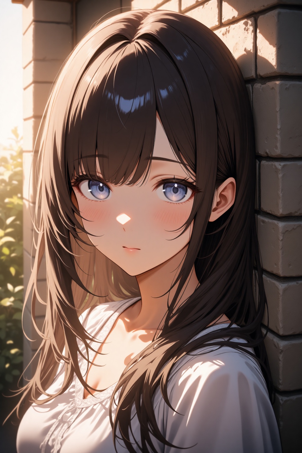 A soft focus captures the gentle gaze of an anime young woman,  her long hair softly framing her heart-shaped face as she...