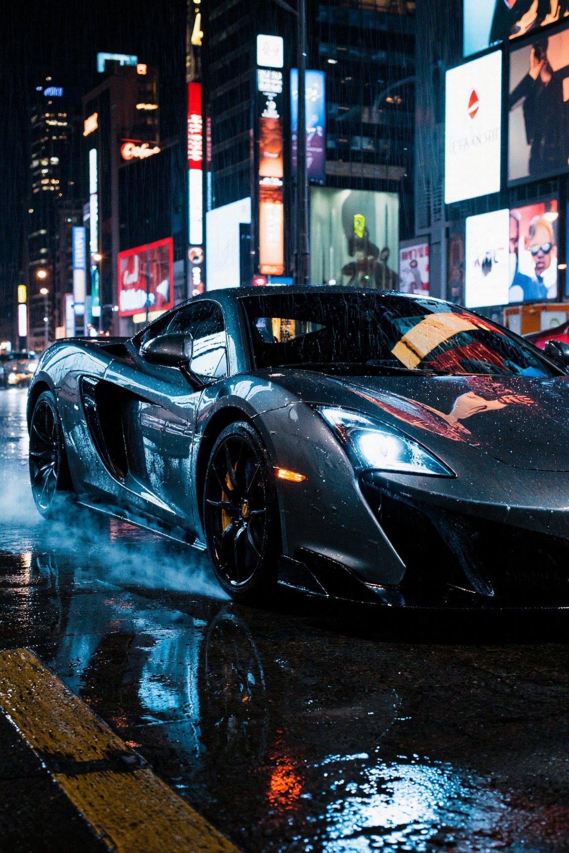 Dark and moody yfg-daak,  A sleek,  luxurious sports car speeds through the neon-lit city at a three-quarter front angle o...