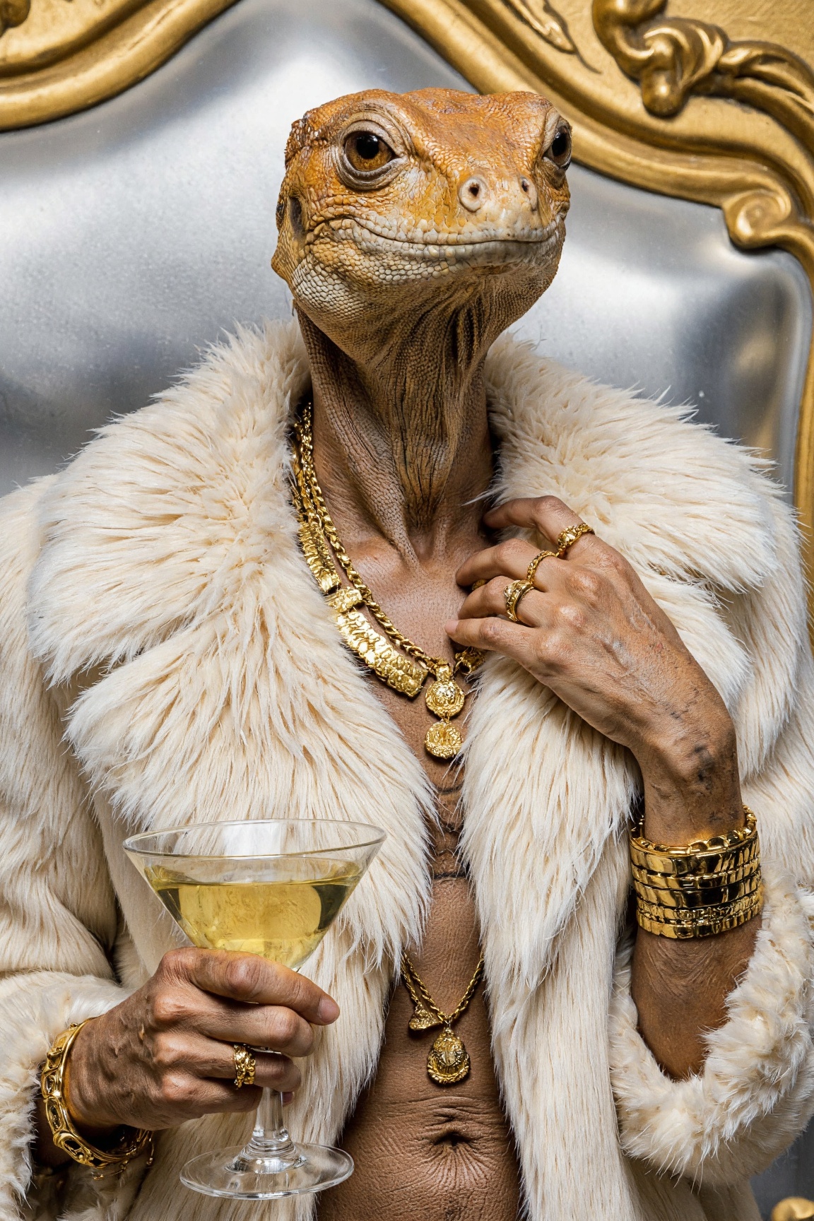 ZooPolis art. A photo-realistic shoot from a frontal camera angle about a reptilian figure dressed in luxurious attire,  h...
