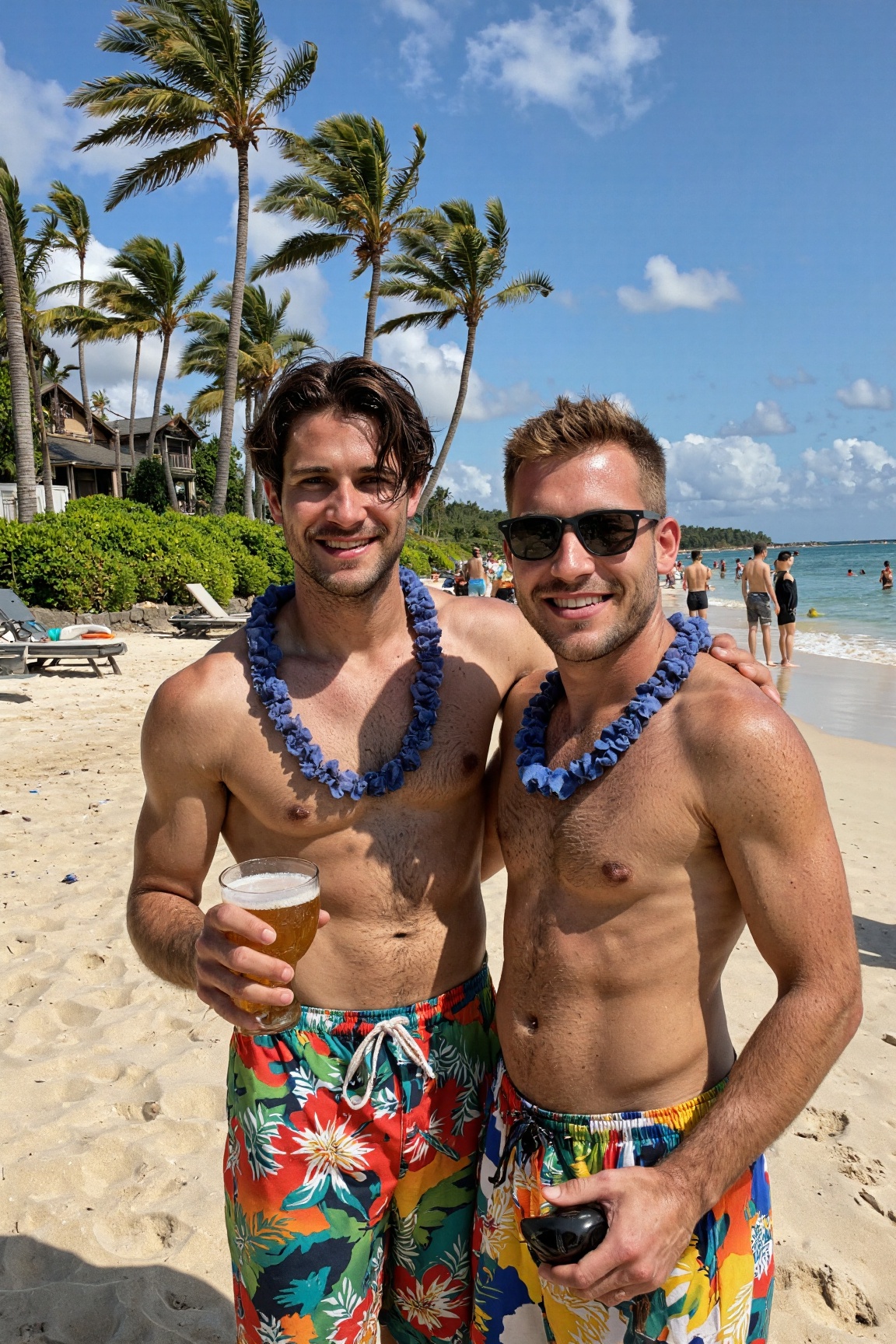 Sid Vishes on the Hawaiian beach drinks beer on Tensor.Art