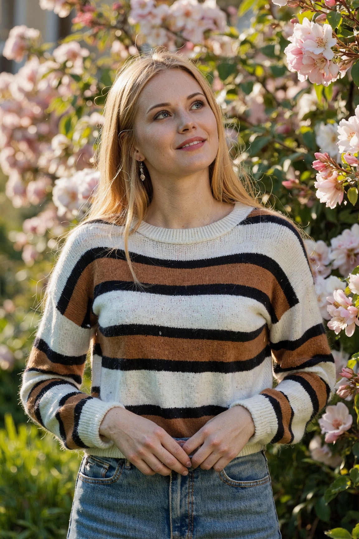 Anna Malygon stands casually,  dressed in a striped sweater and denim jeans,  her eyes gently gazing upwards with a soft o...