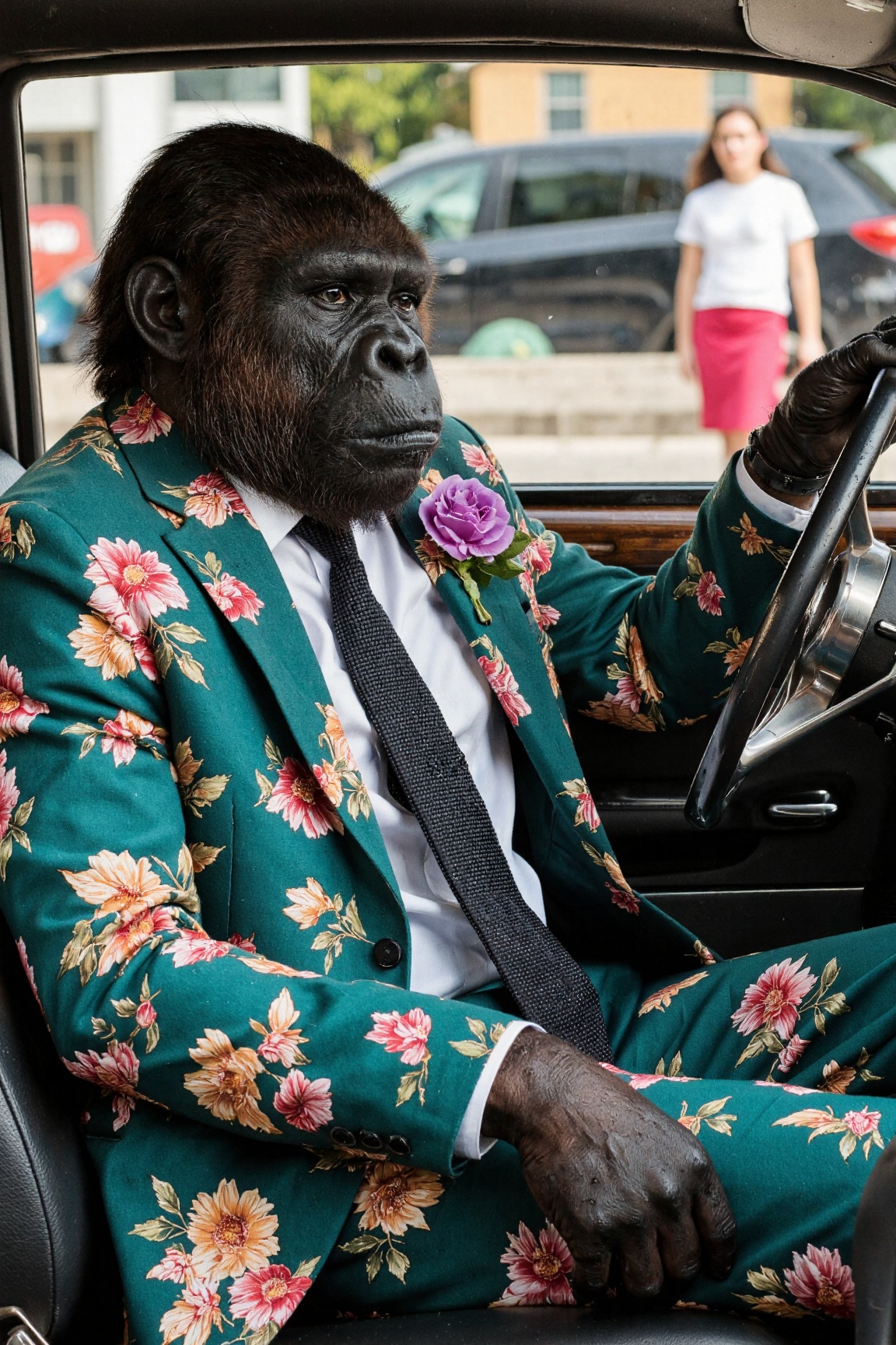 ZooPolis art. A photo-realistic shoot from the side about a male gorilla dressed in a floral suit sitting in a vintage car...