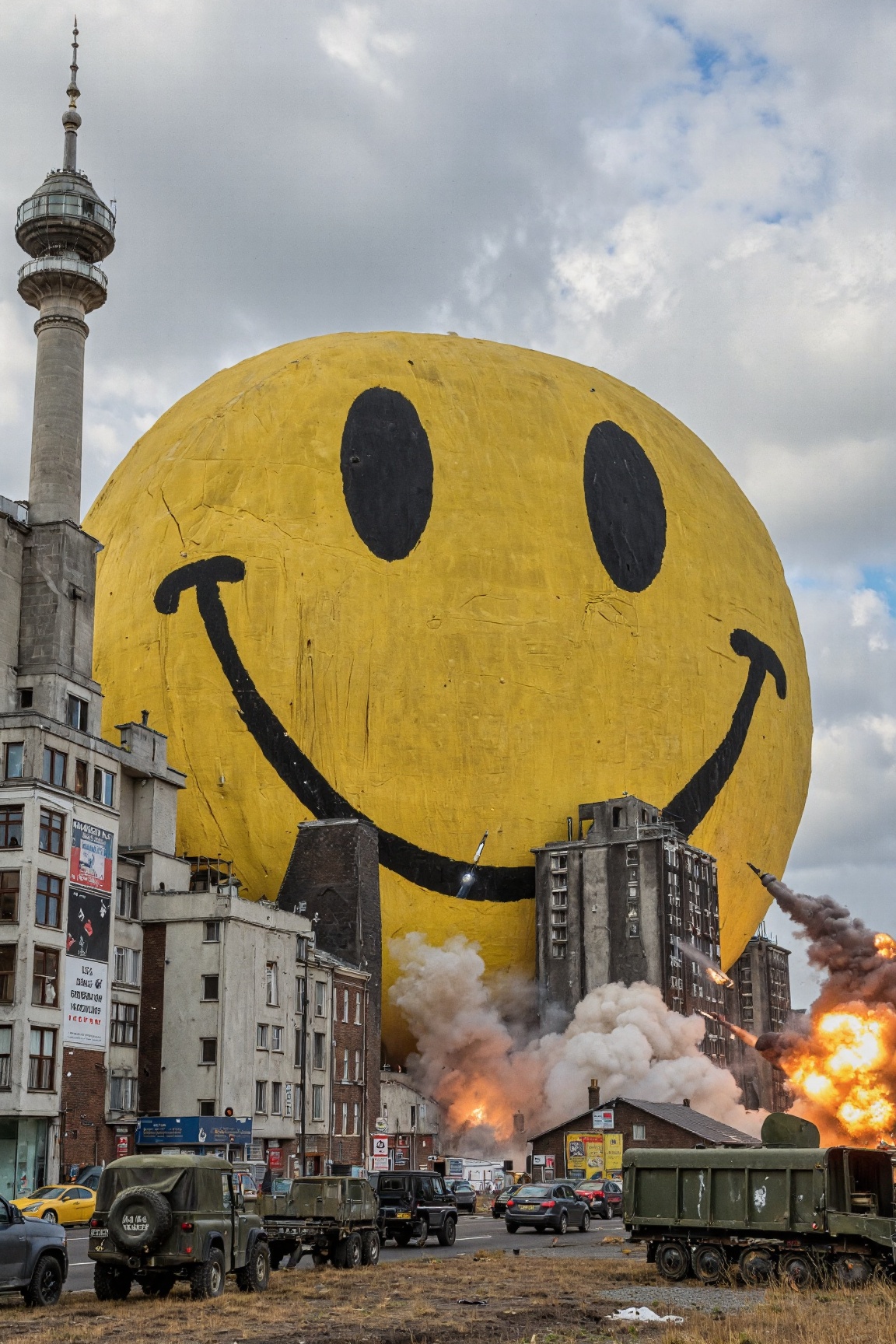 Giant smiley face attacking a city,  knocking over buildings,  explosions on Tensor.Art