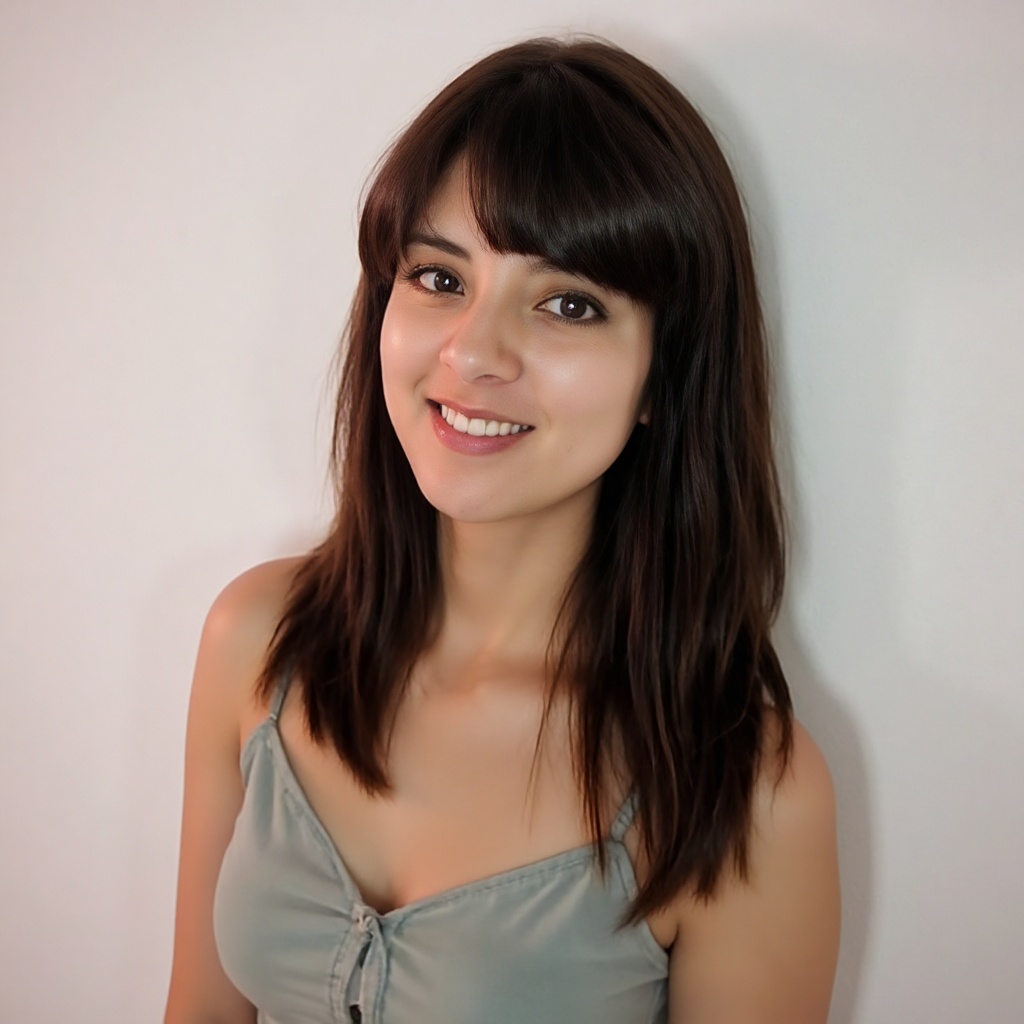 A mikaremap young woman,  standing. She has long,  dark brown hair and bangs that frame her face on Tensor.Art