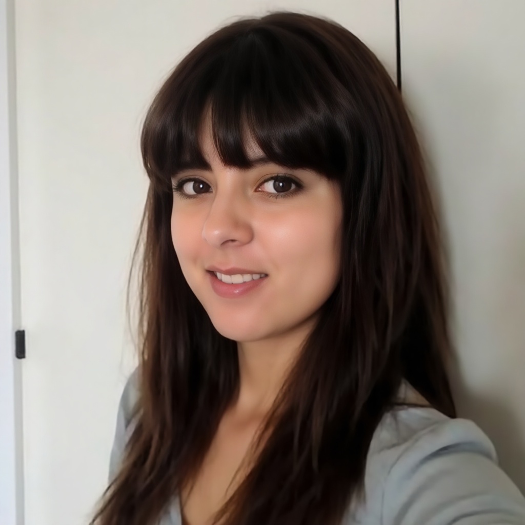 A close-up of a mikaremap young woman,  standing. She has long,  dark brown hair and bangs that frame her face on Tensor.Art