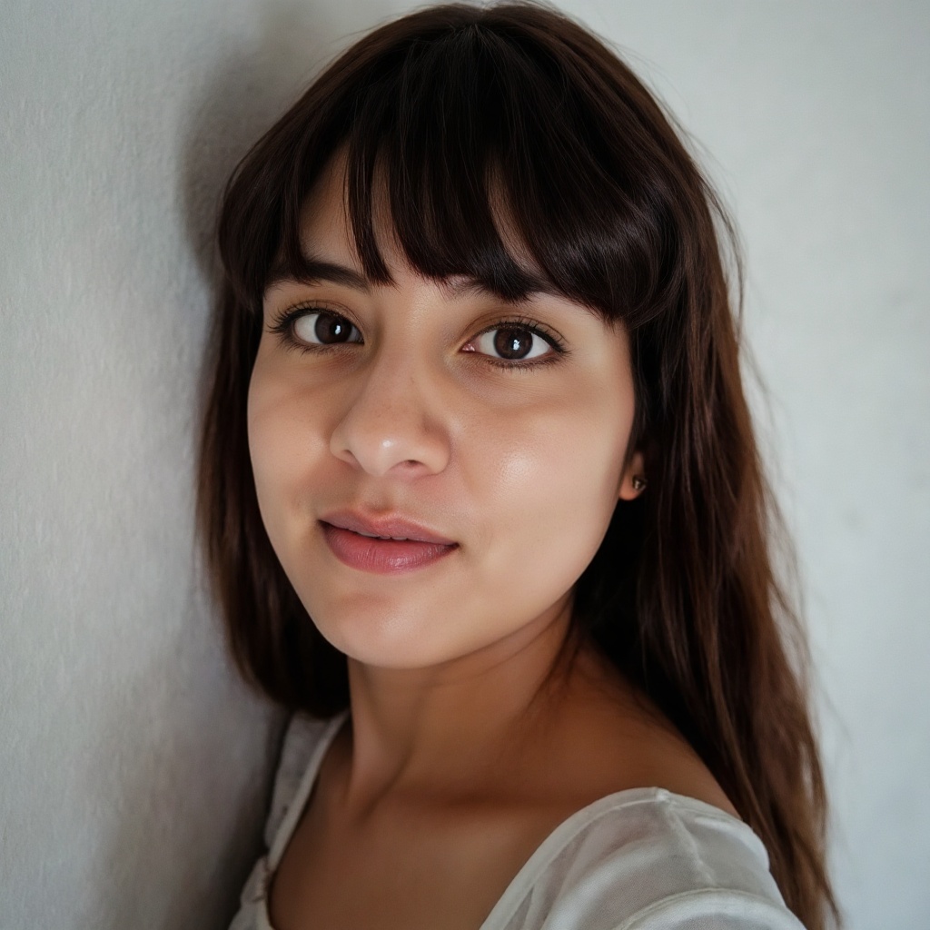A close-up of a mikaremap young woman,  standing. She has long,  dark brown hair and bangs that frame her face on Tensor.Art