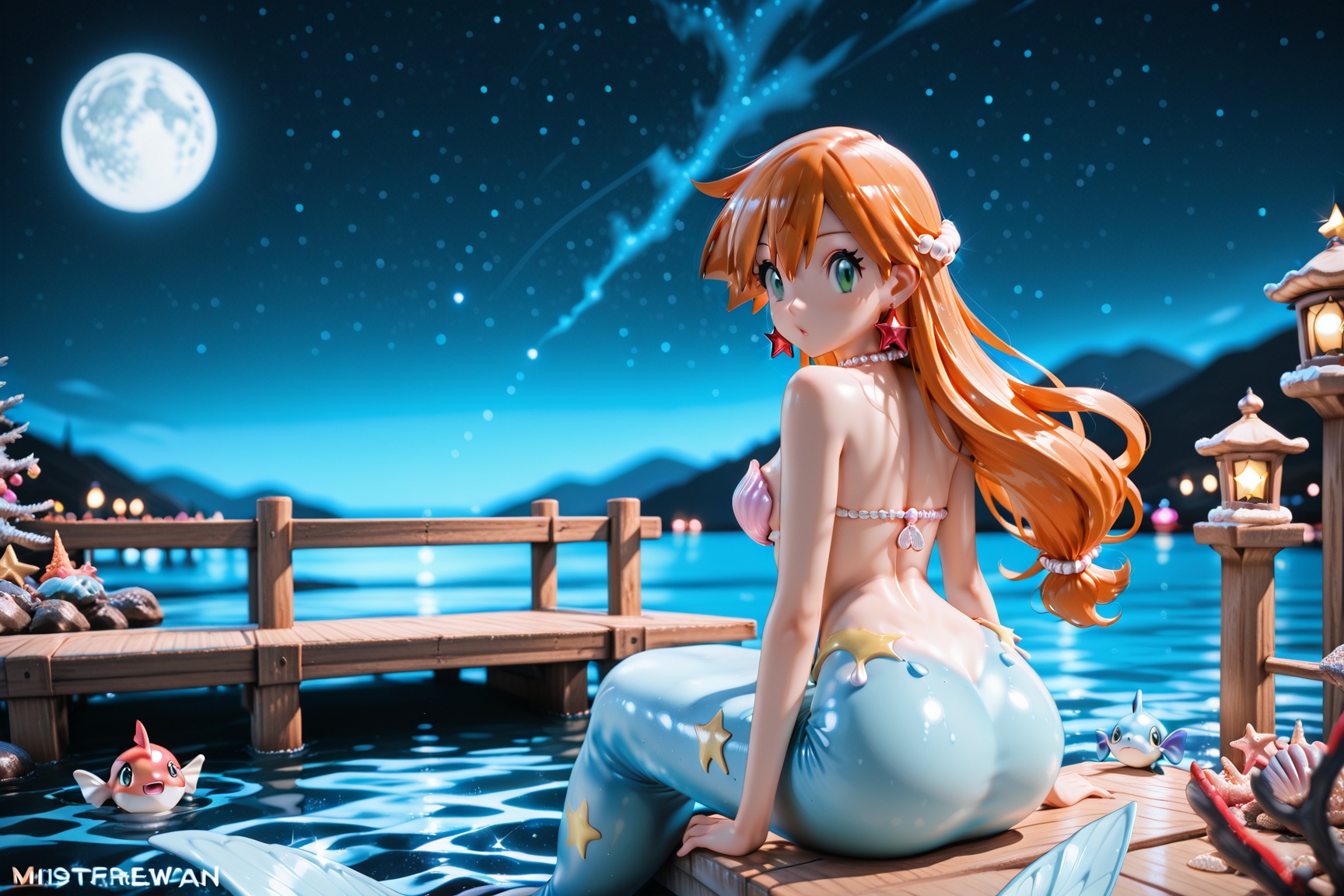 mermaid misty (pokemon) on a dock,  peacfull life,  water on Tensor.Art